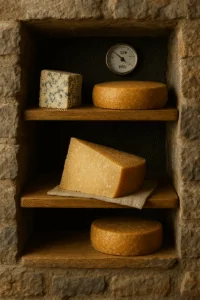 Artisanal cheese wheels and blocks aging in temperature-controlled wine cooler cheese cave environment at 50-55°F with humidity control uses for wine cooler