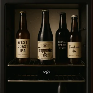 Craft beer bottles stored at optimal 45-55°F serving temperature in dual-zone wine cooler with temperature display showing precise climate control uses for wine cooler