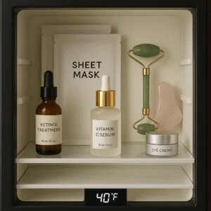 Premium skincare products including vitamin C serums, retinol treatments, and eye creams stored in compact wine cooler at optimal preservation temperature uses for wine cooler